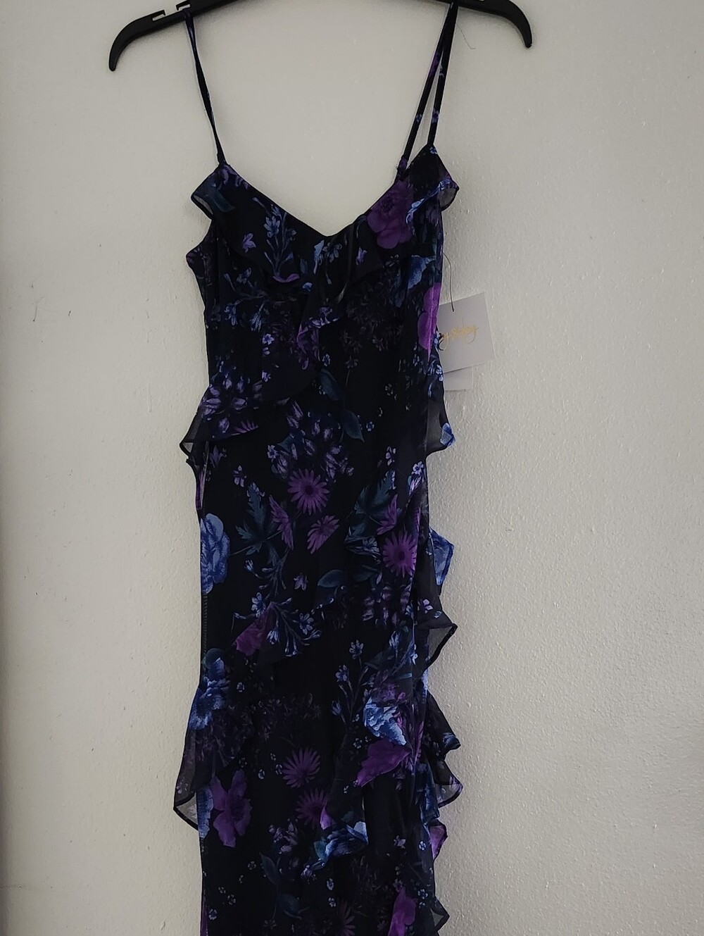 NwT Blue & Purple Floral Ruffle Slip Dress, Thin Spaghetti Straps, Front Split